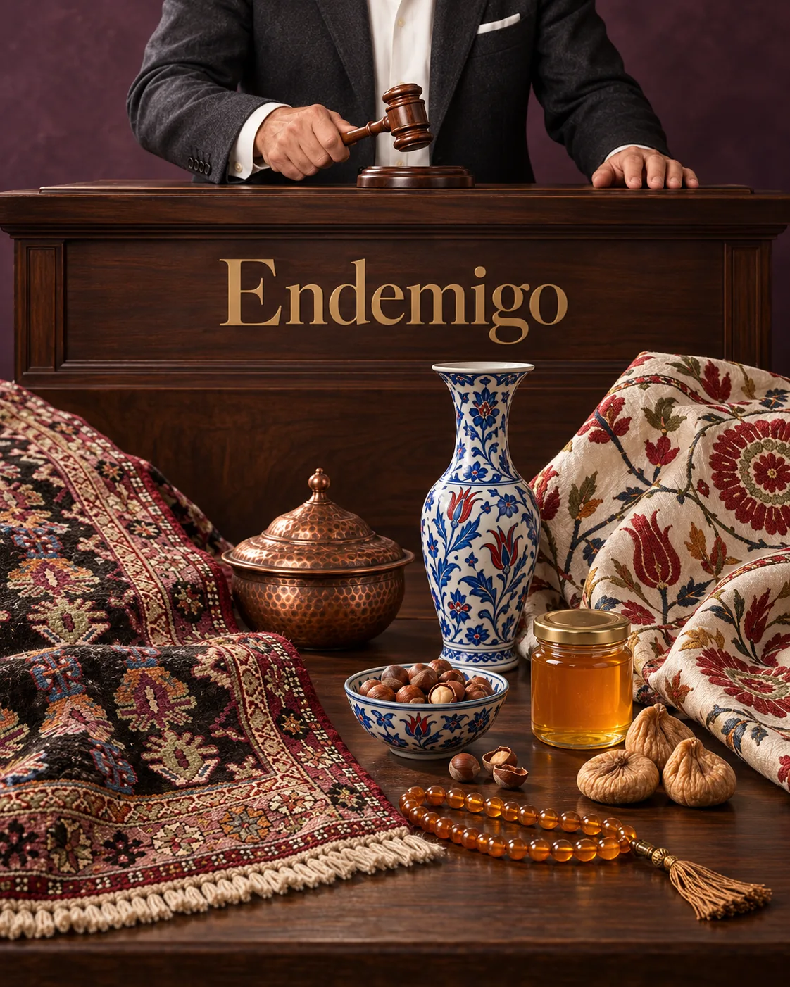 Endemigo müzayede kürsüsü önünde halı, çini, bakır ve seçkin gıda ürünleri