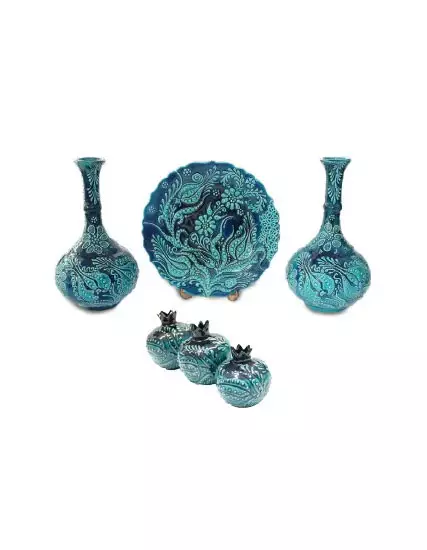 Iznik Ceramic Vase, Plate&Pomegranate Set PDO
